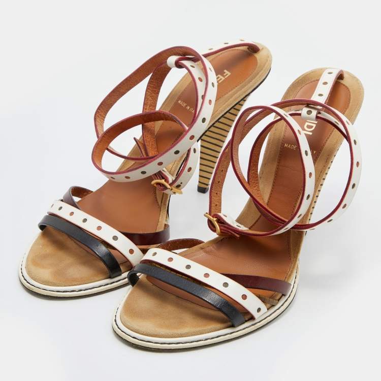 Pre Owned Fendi Multicolor Perforated Leather Ankle Strap Sandals Size 38