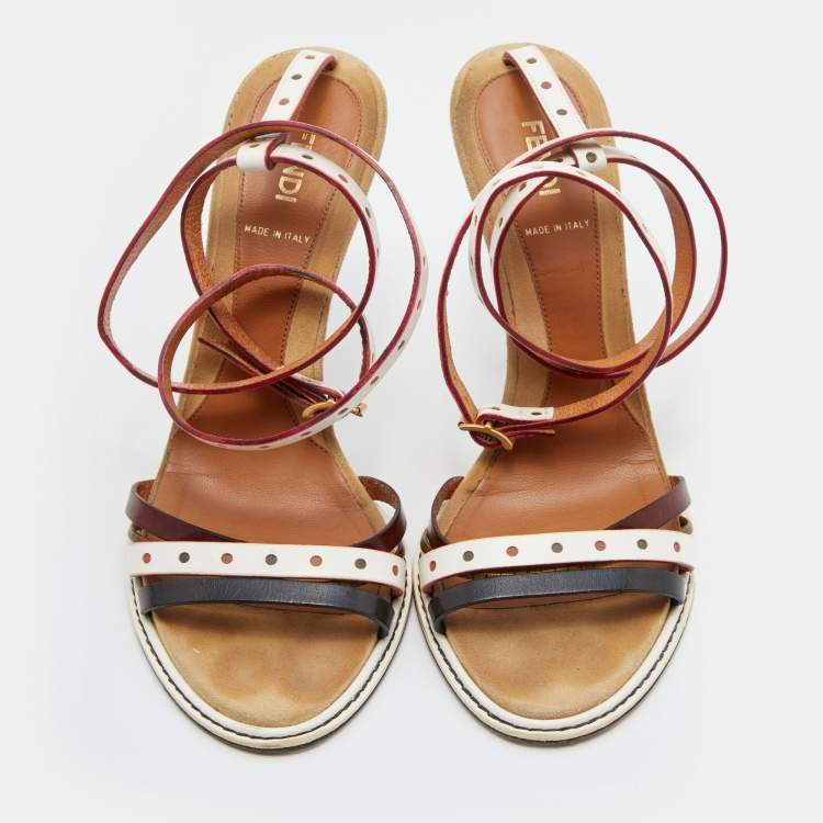 Pre Owned Fendi Multicolor Perforated Leather Ankle Strap Sandals Size 38