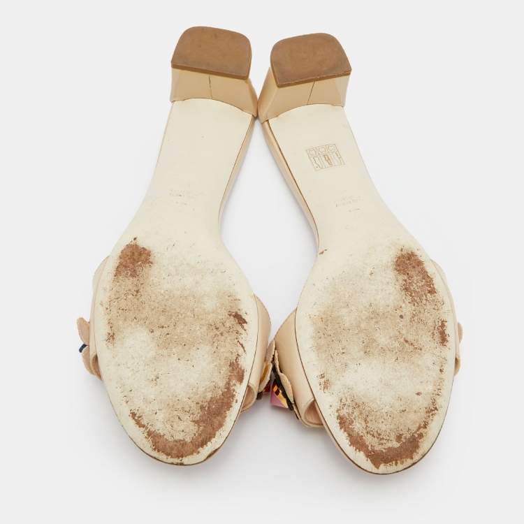 Pre Owned Fendi Cream Patent Leather Flowerland Block Heel Slide Sandals Size 41