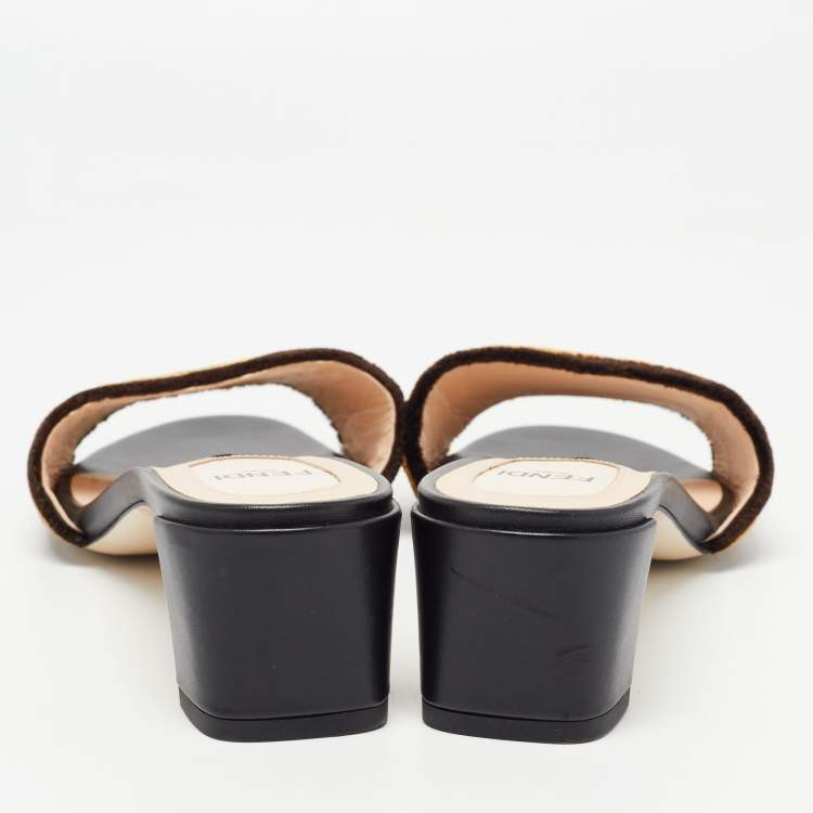 Pre Owned Fendi Brown Zucca Velvet Slide Sandals Size 36