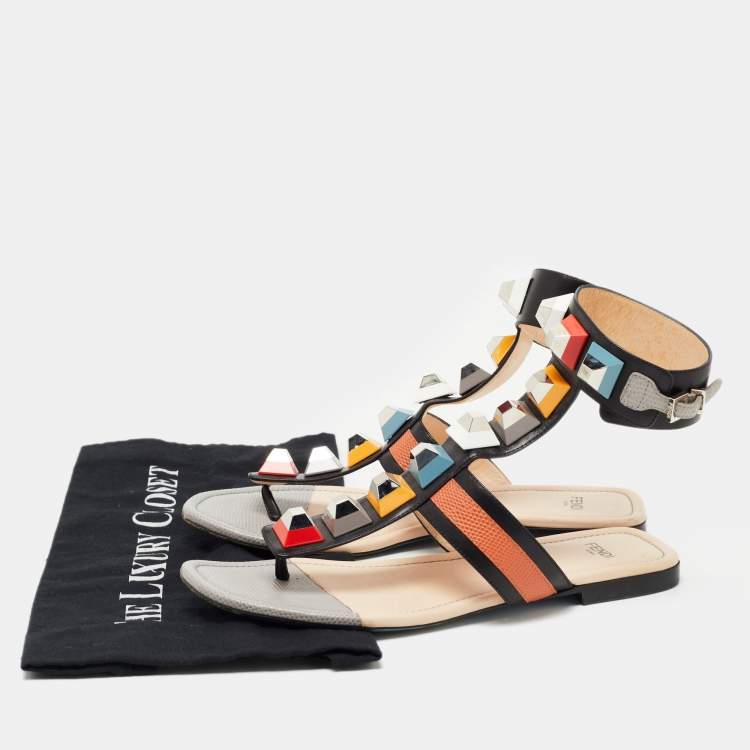 Pre Owned Fendi Multicolor Leather Studded Ankle Cuff Sandals Size 38