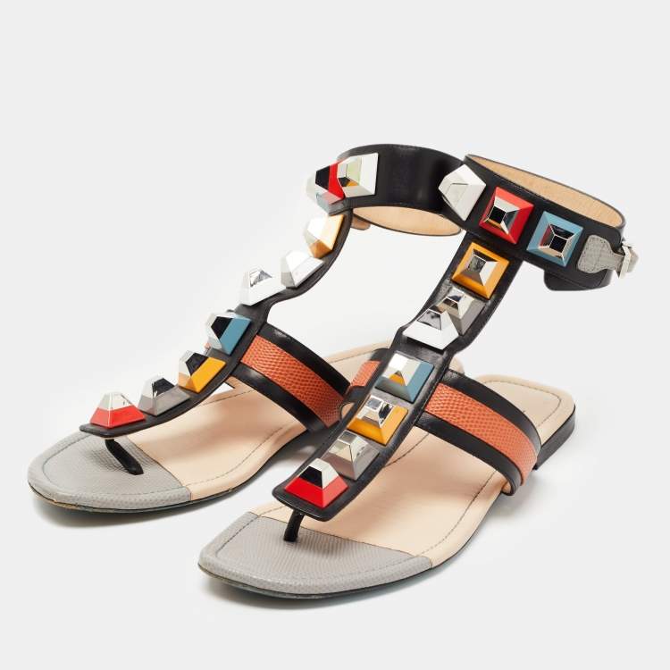 Pre Owned Fendi Multicolor Leather Studded Ankle Cuff Sandals Size 38