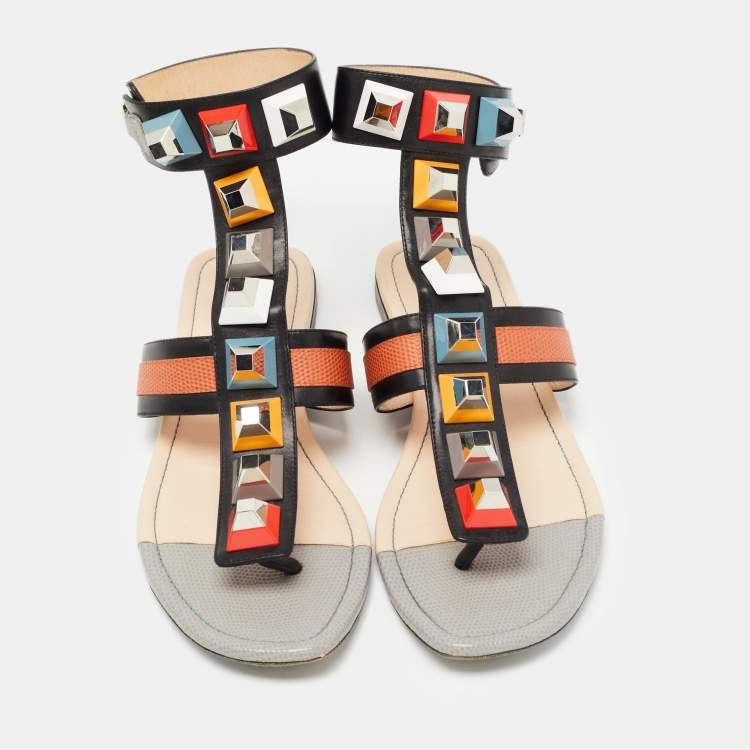 Pre Owned Fendi Multicolor Leather Studded Ankle Cuff Sandals Size 38