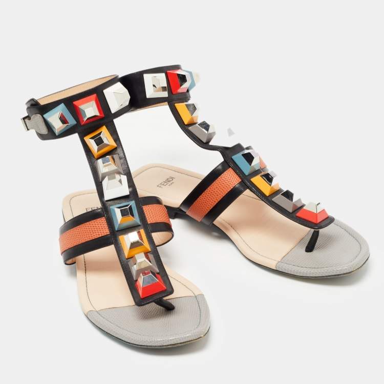Pre Owned Fendi Multicolor Leather Studded Ankle Cuff Sandals Size 38