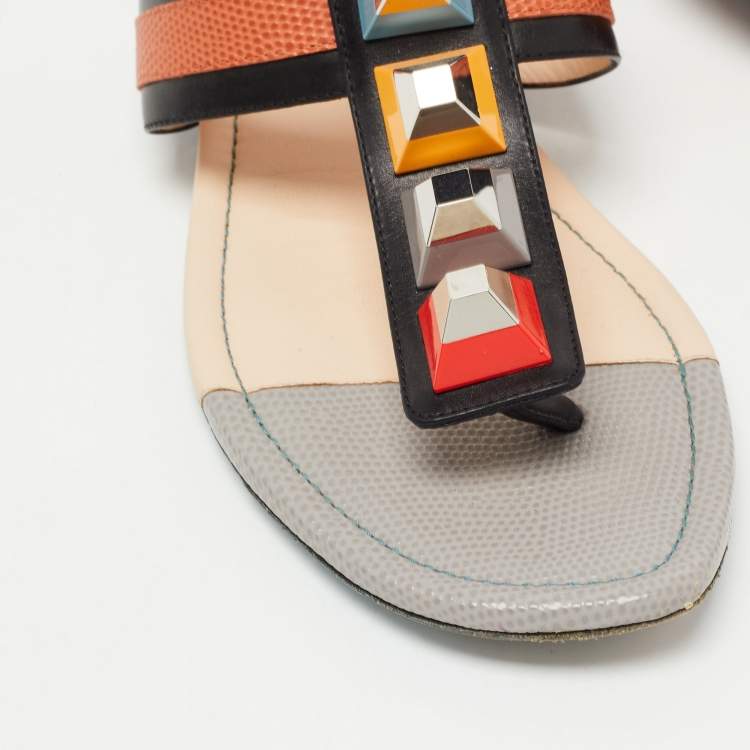 Pre Owned Fendi Multicolor Leather Studded Ankle Cuff Sandals Size 38