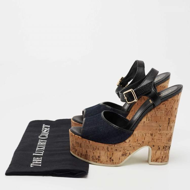 Pre Owned Fendi Navy Blue/Black Denim and Lizard Embossed Leather Cork Wedge Platform Sandals Size 36