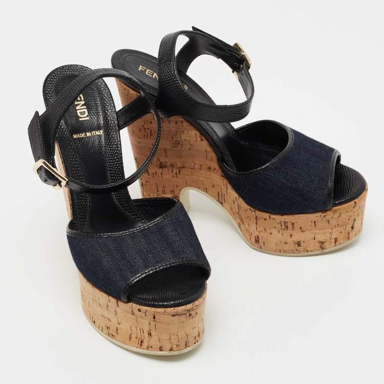 Pre Owned Fendi Navy Blue/Black Denim and Lizard Embossed Leather Cork Wedge Platform Sandals Size 36