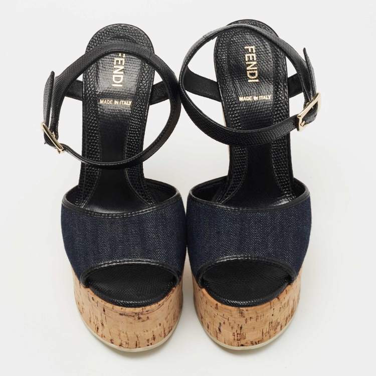 Pre Owned Fendi Navy Blue/Black Denim and Lizard Embossed Leather Cork Wedge Platform Sandals Size 36