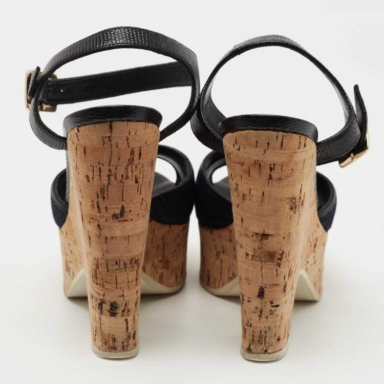 Pre Owned Fendi Navy Blue/Black Denim and Lizard Embossed Leather Cork Wedge Platform Sandals Size 36