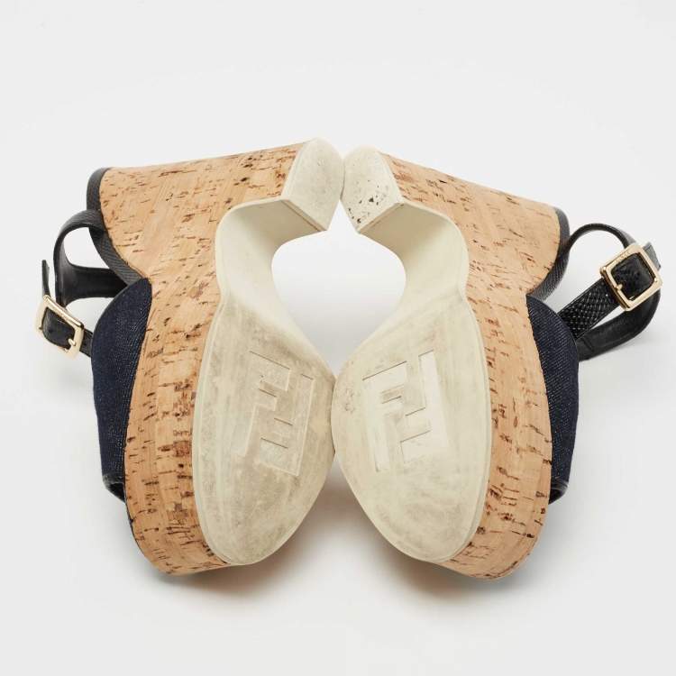 Pre Owned Fendi Navy Blue/Black Denim and Lizard Embossed Leather Cork Wedge Platform Sandals Size 36