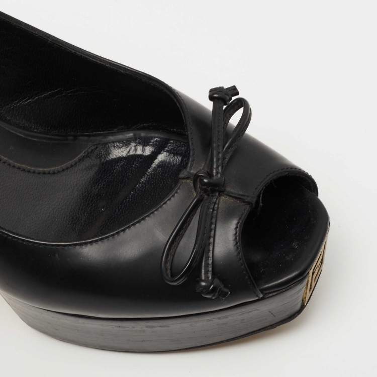 Pre Owned Fendi Black Leather Fendista Peep Toe Platform Slingback Pumps Size 35.5
