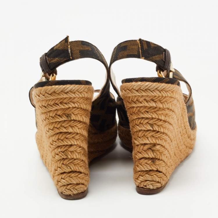 Pre Owned Fendi Brown Zucca Canvas Open Toe Espadrille Wedge Slingback Sandals Size 35