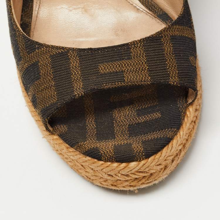 Pre Owned Fendi Brown Zucca Canvas Open Toe Espadrille Wedge Slingback Sandals Size 35