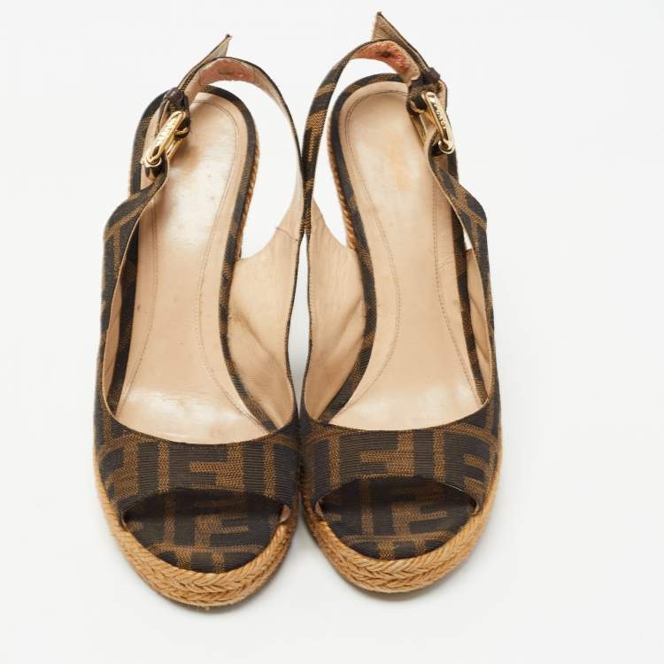 Pre Owned Fendi Brown Zucca Canvas Open Toe Espadrille Wedge Slingback Sandals Size 35