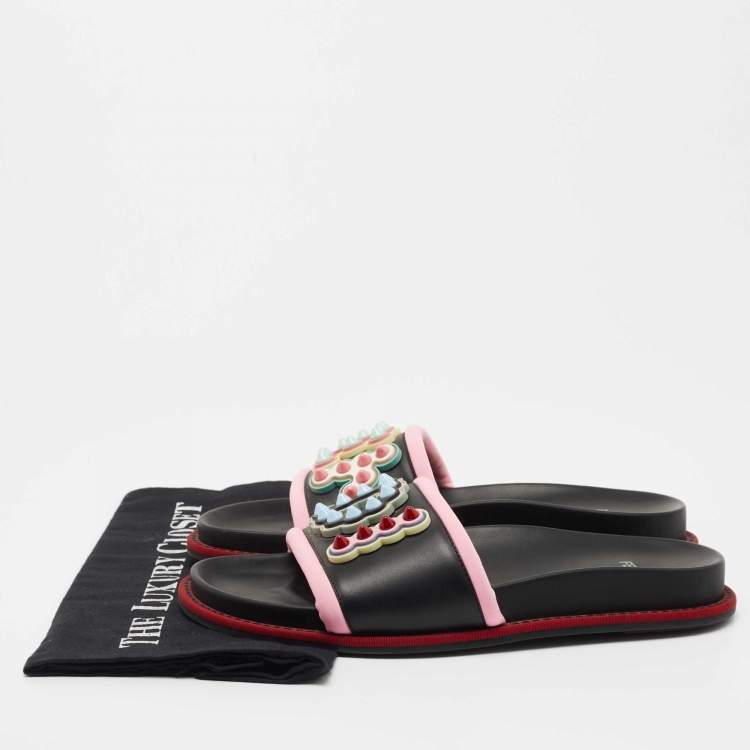 Pre Owned Fendi Black/Pink Leather and Fabric Studded Logo Flat Slides Size 39