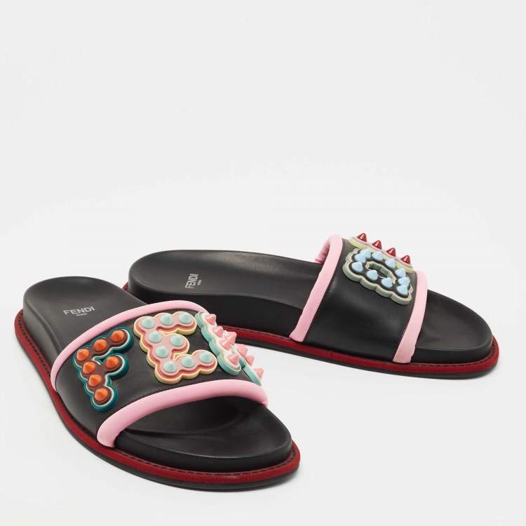 Pre Owned Fendi Black/Pink Leather and Fabric Studded Logo Flat Slides Size 39