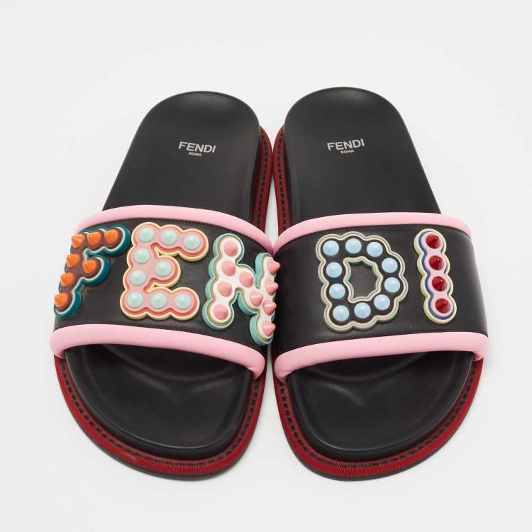 Pre Owned Fendi Black/Pink Leather and Fabric Studded Logo Flat Slides Size 39