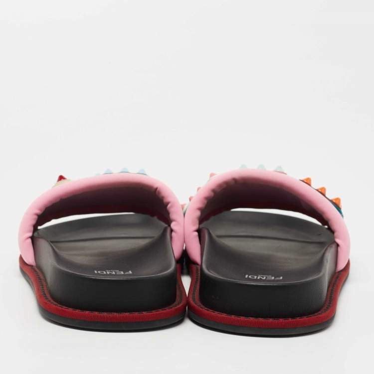 Pre Owned Fendi Black/Pink Leather and Fabric Studded Logo Flat Slides Size 39
