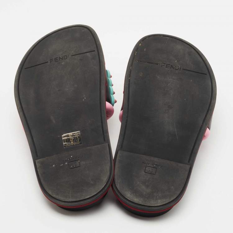 Pre Owned Fendi Black/Pink Leather and Fabric Studded Logo Flat Slides Size 39
