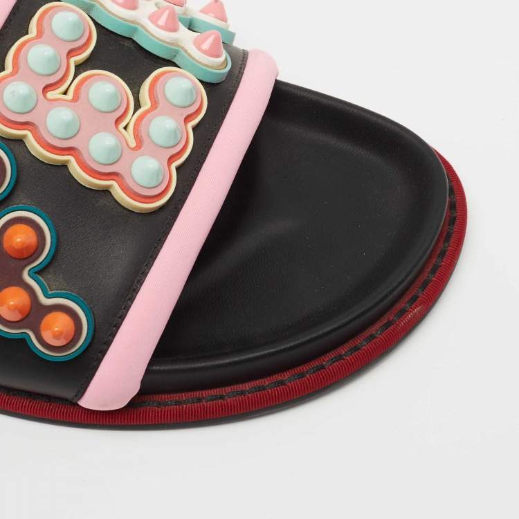Pre Owned Fendi Black/Pink Leather and Fabric Studded Logo Flat Slides Size 39