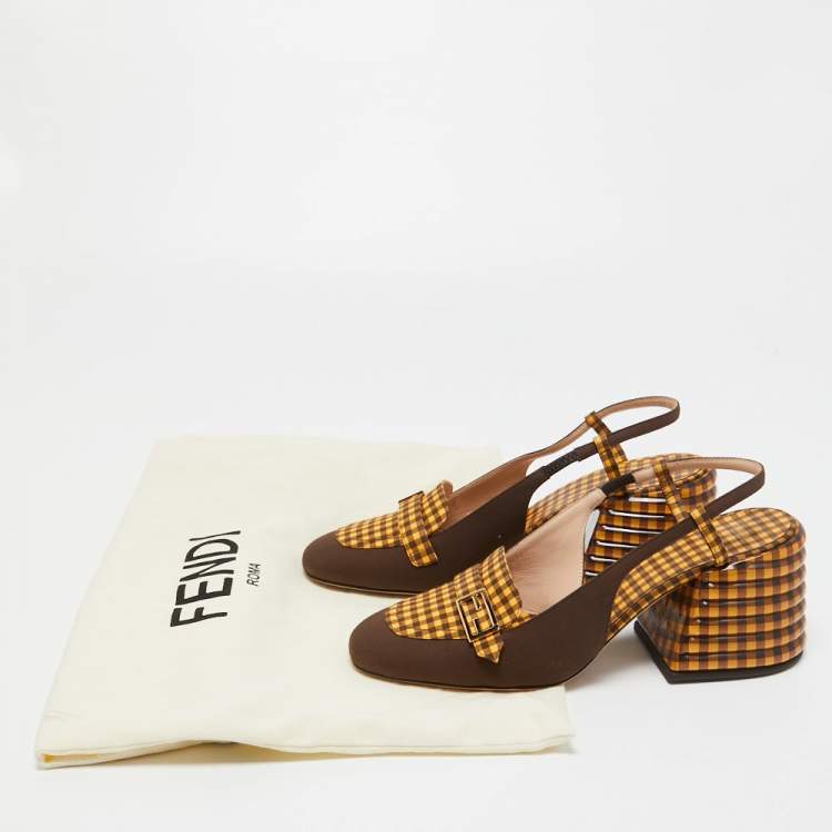 Pre Owned Fendi Two Tone Checkered Fabric Promenade Slingback Loafer Pumps Size 39.5