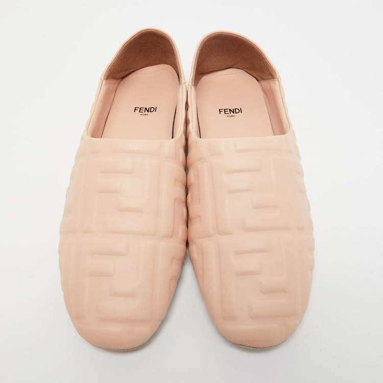 Pre Owned Fendi Peach FF Embossed Leather Collapsible Ballet Flats Size 40