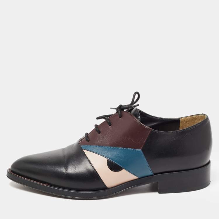 Pre Owned Fendi Black Leather Monster Eye Lace Up Oxfords Size 36