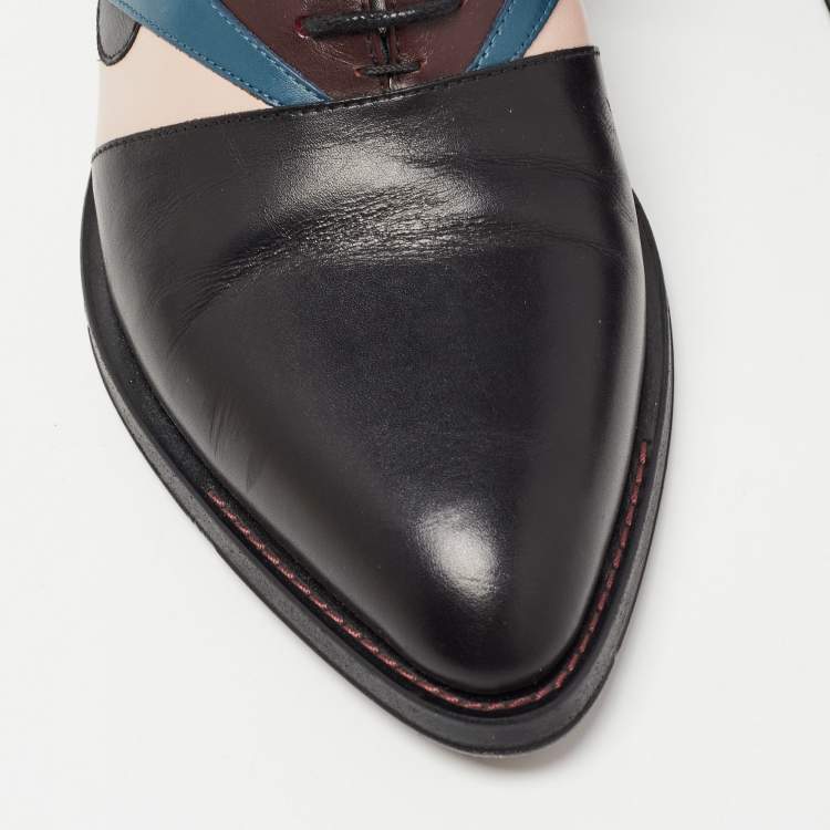 Pre Owned Fendi Black Leather Monster Eye Lace Up Oxfords Size 36
