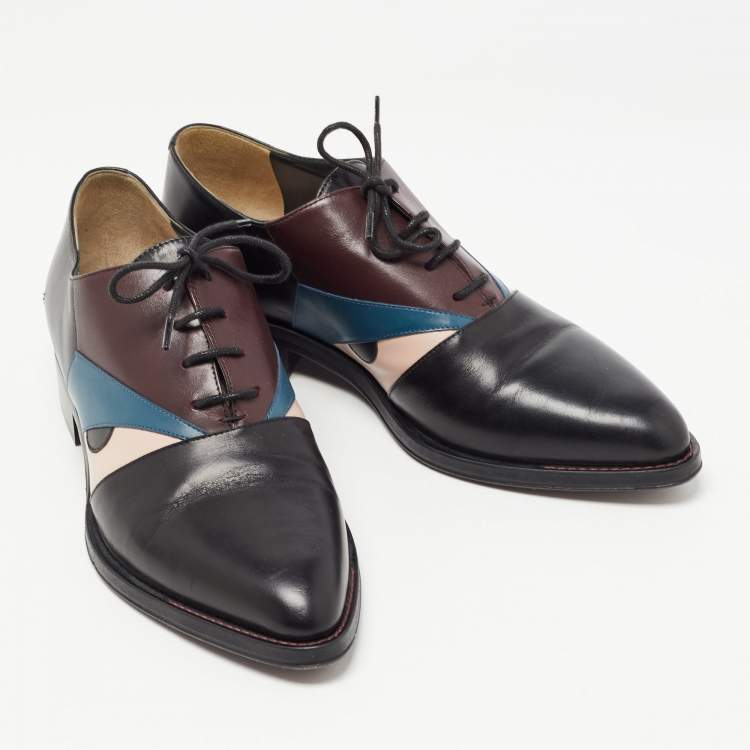 Pre Owned Fendi Black Leather Monster Eye Lace Up Oxfords Size 36