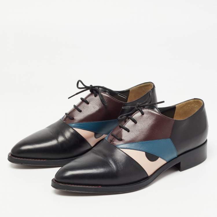 Pre Owned Fendi Black Leather Monster Eye Lace Up Oxfords Size 36