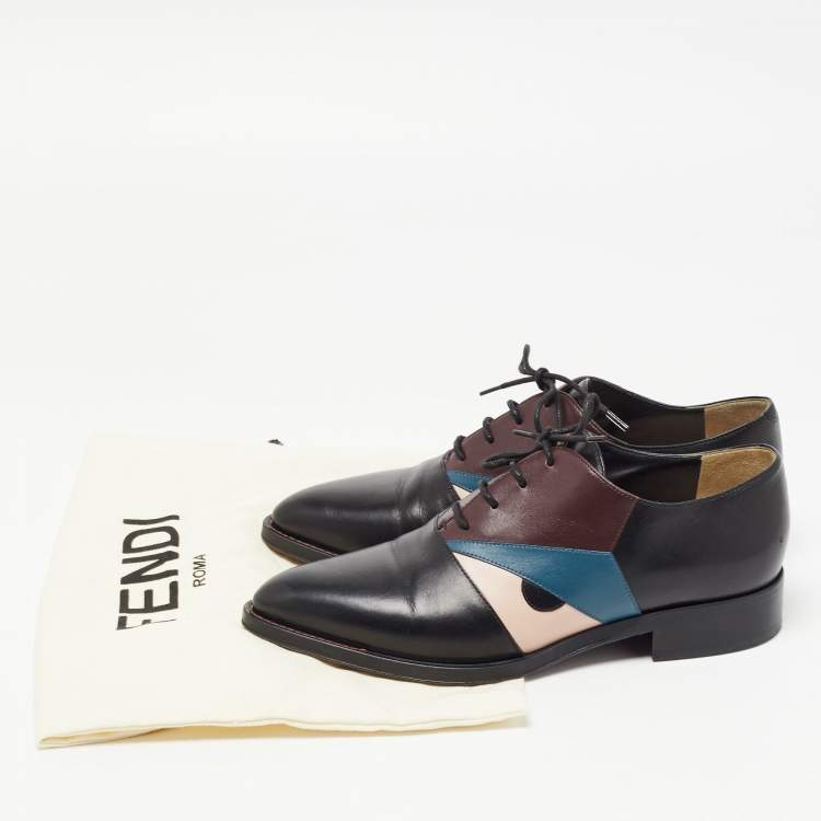 Pre Owned Fendi Black Leather Monster Eye Lace Up Oxfords Size 36