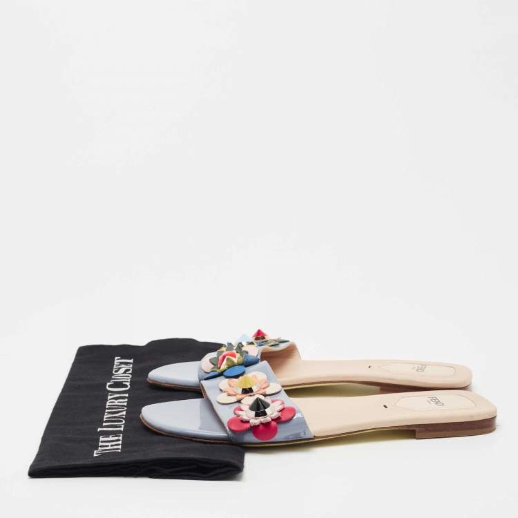 Pre Owned Fendi Blue Patent Leather Flowerland Flat Slides Size 38.5