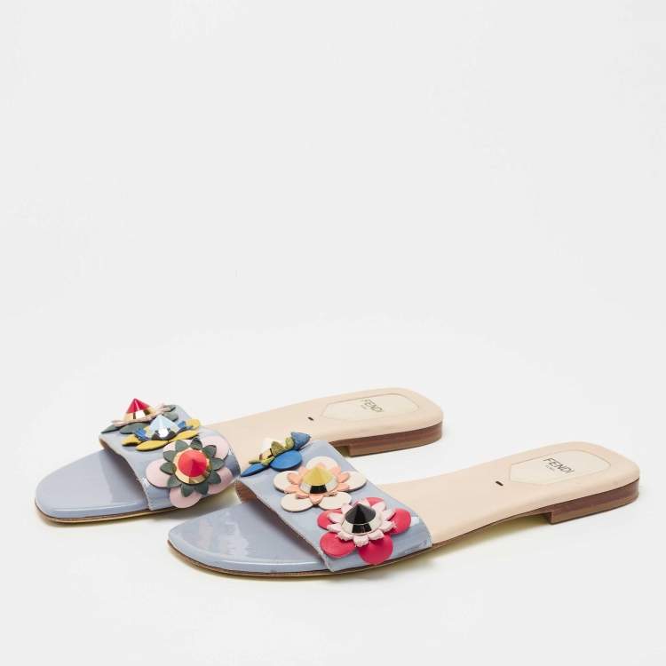 Pre Owned Fendi Blue Patent Leather Flowerland Flat Slides Size 38.5