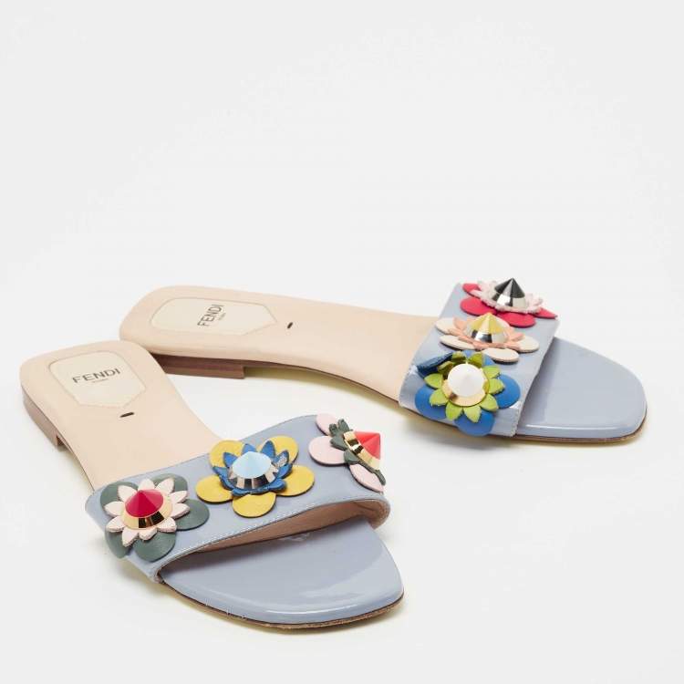 Pre Owned Fendi Blue Patent Leather Flowerland Flat Slides Size 38.5
