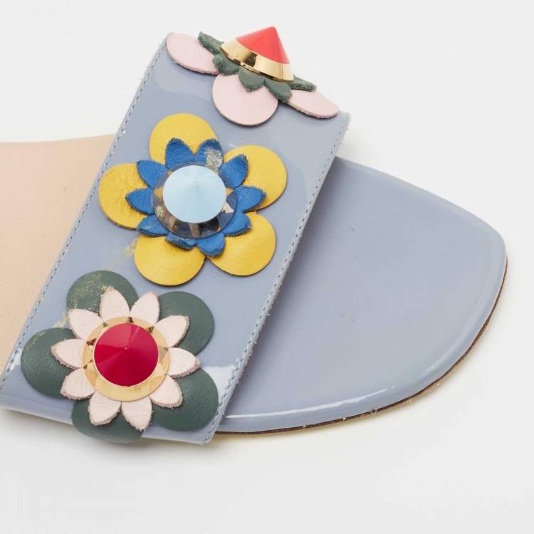 Pre Owned Fendi Blue Patent Leather Flowerland Flat Slides Size 38.5