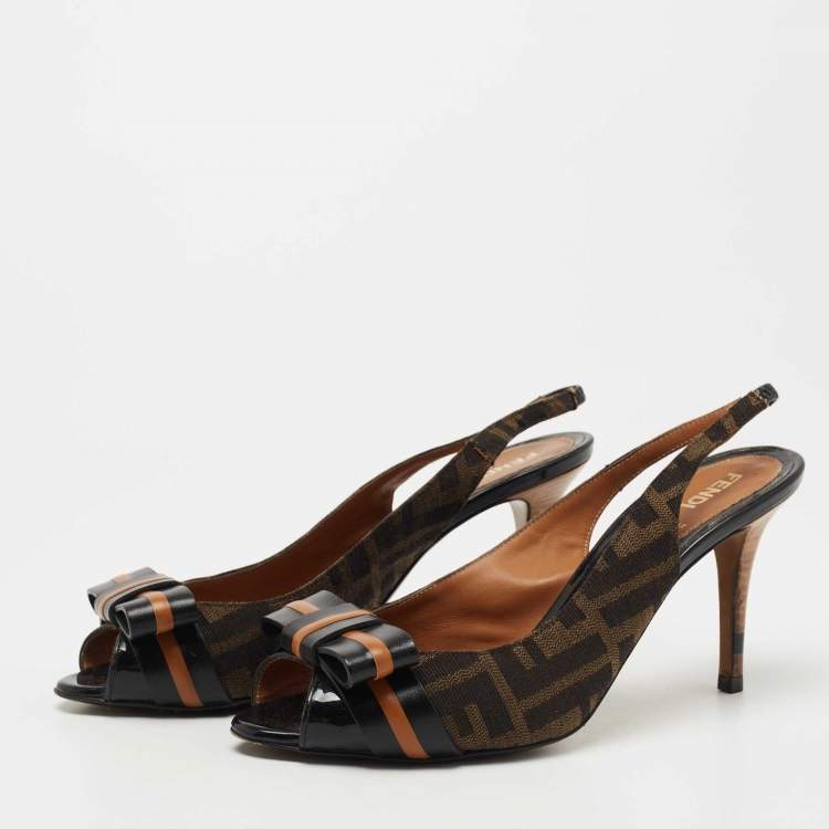 مملوكة مسبقًا Fendi Brown/Black Zucca Canvas and Leather Bow Peep Toe Slingback Pumps Size 38