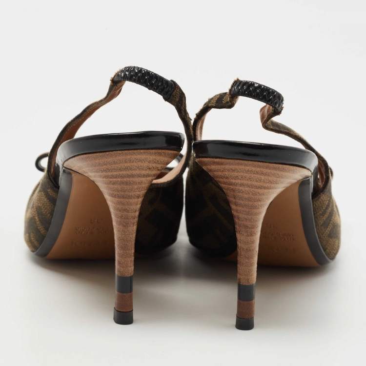 مملوكة مسبقًا Fendi Brown/Black Zucca Canvas and Leather Bow Peep Toe Slingback Pumps Size 38