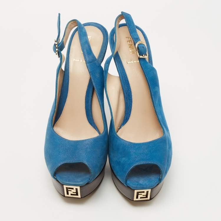 Pre Owned Fendi Blue Glitter Nubuck Leather Fendista Peep Toe Slingback Pumps Size 40