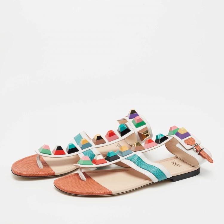 Pre Owned Fendi Multicolor Lizard Embossed and Leather Studded Ankle Cuff Flat Sandals Size 38