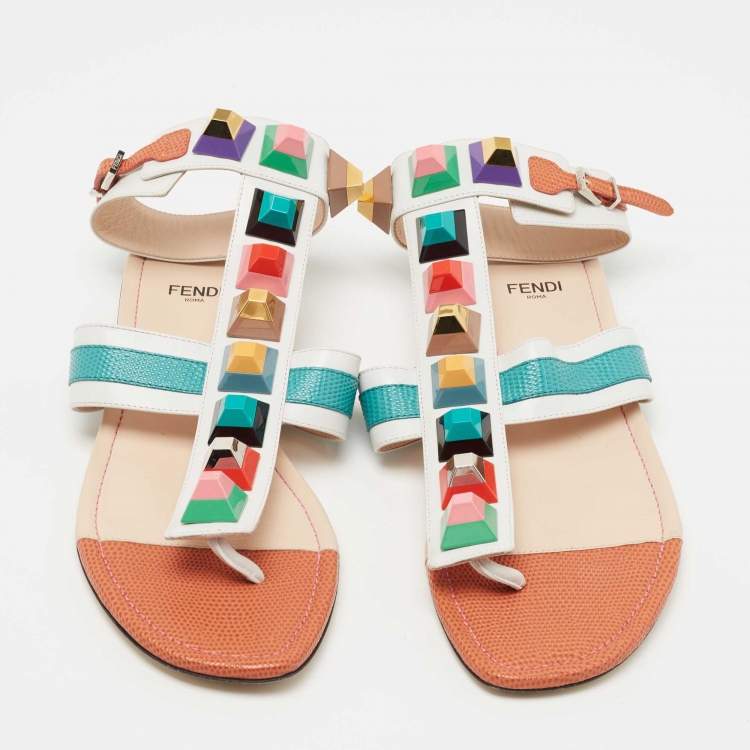 Pre Owned Fendi Multicolor Lizard Embossed and Leather Studded Ankle Cuff Flat Sandals Size 38