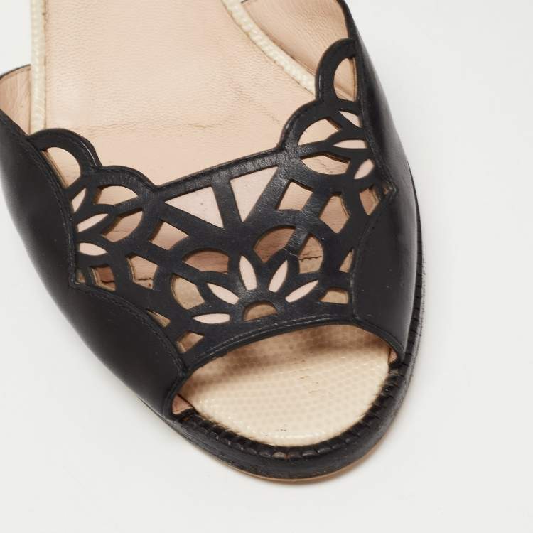 Pre Owned Fendi Black/Beige Laser Cut Leather Block Heel Ankle Strap Sandals Size 38