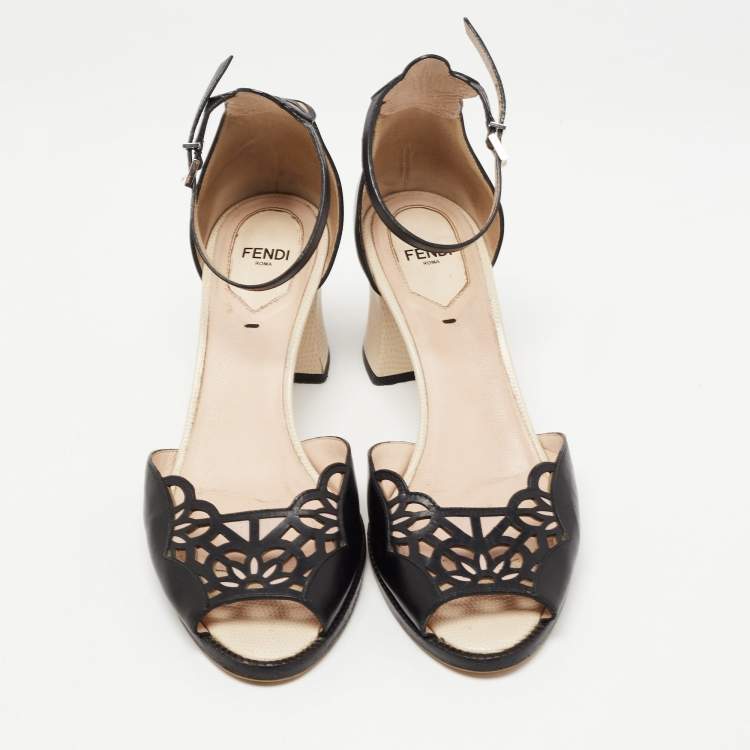 Pre Owned Fendi Black/Beige Laser Cut Leather Block Heel Ankle Strap Sandals Size 38