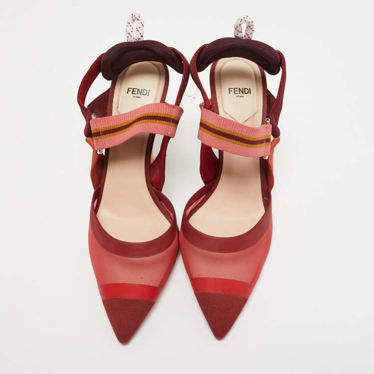 مملوكة مسبقًا Fendi Red/Burgundy Mesh and Canvas Colibri Sligback Pumps Size 38