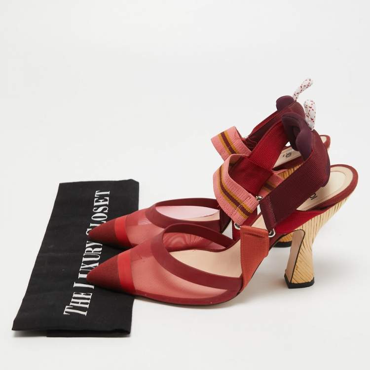مملوكة مسبقًا Fendi Red/Burgundy Mesh and Canvas Colibri Sligback Pumps Size 38