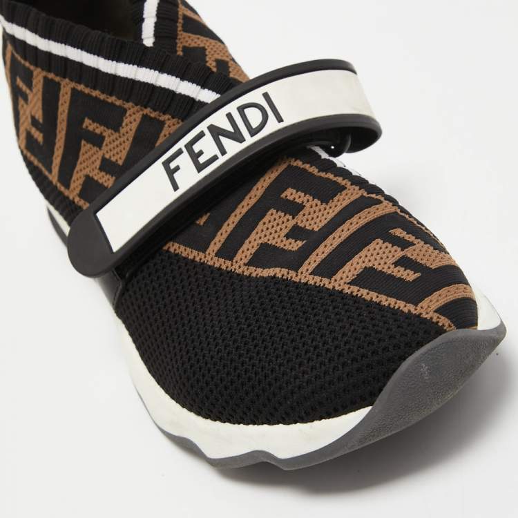 Pre Owned Fendi Black/Brown Zucca Knit Fabric Rockoko Sneakers Size 38