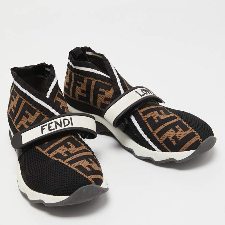 Pre Owned Fendi Black/Brown Zucca Knit Fabric Rockoko Sneakers Size 38