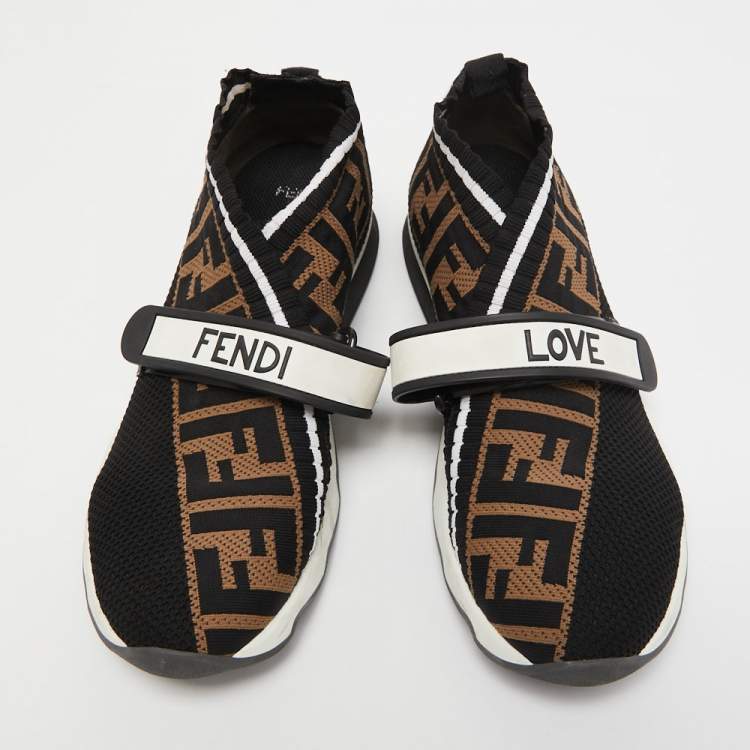 Pre Owned Fendi Black/Brown Zucca Knit Fabric Rockoko Sneakers Size 38