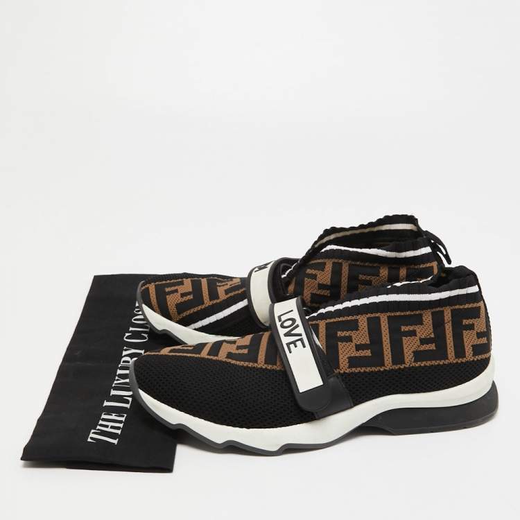 Pre Owned Fendi Black/Brown Zucca Knit Fabric Rockoko Sneakers Size 38
