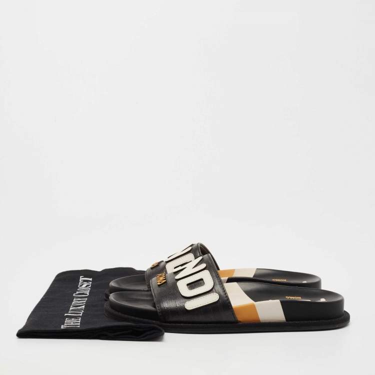 Pre Owned Fendi Black Leather Roma Slide Flats Size 36.5