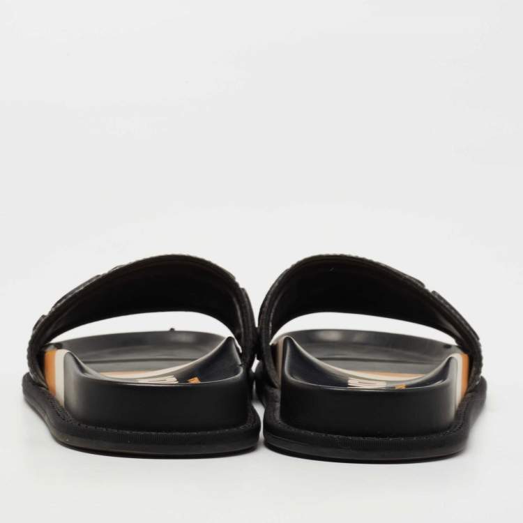 Pre Owned Fendi Black Leather Roma Slide Flats Size 36.5